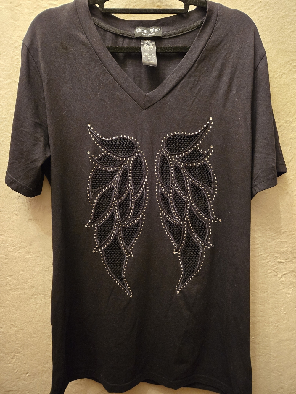 Y2K Angel Wings Tunic Top Black Mesh Applique Studded Gothic Tee 2X